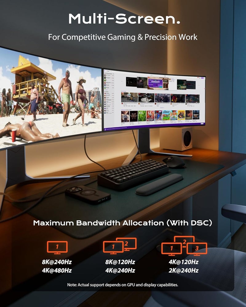 Stouchi كابل DisplayPort 2.1 (معتمد من VESA) 3.3 قدم، 80 جيجابت في الثانية [16K@120Hz / 8K@240Hz / 4K@540Hz]، HDR، HDCP، DSC 1.2a، FreeSync، G-Sync، كابل DP لشاشة الألعاب، RTX 5090، RX 9070، RTX 6000 Ada - Image 4